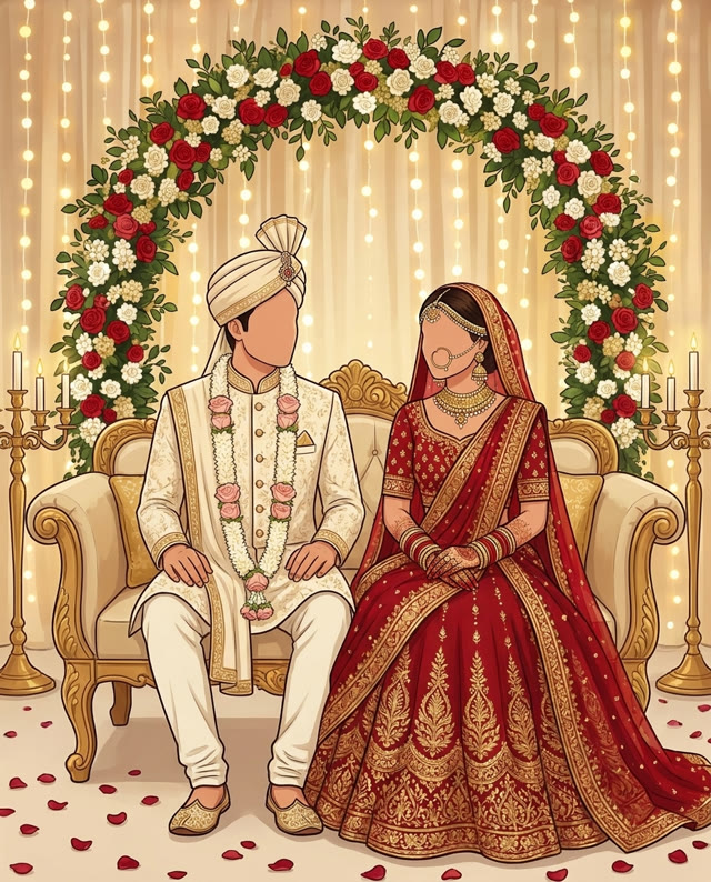 Illustration of the bride in red and the groom in his sherwani on their Baraat stage